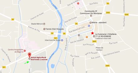 Mapa de la ciudad de Vic-en-Bigorre. La parada de autobús está cerca del centro de la ciudad. El instituto está fuera del centro, al otro lado del río y cerca del hospital.